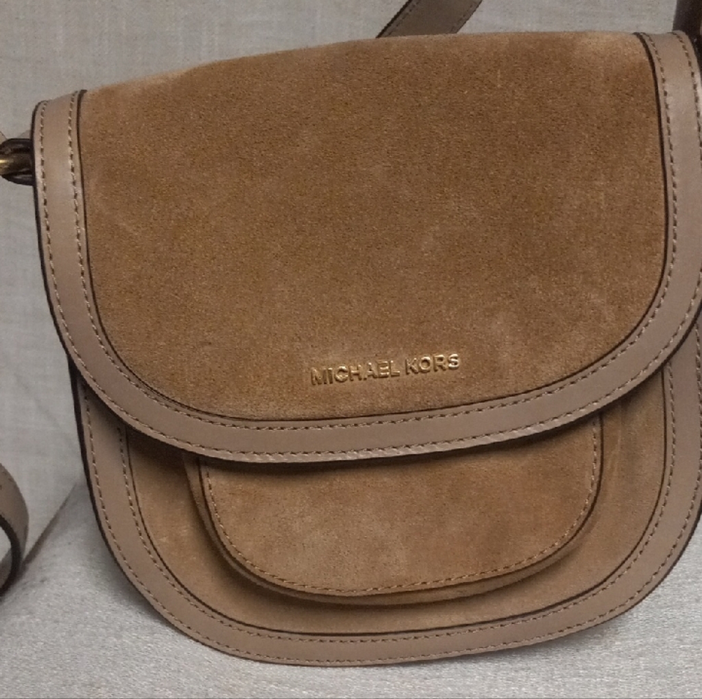 Michael Kors Tan Suede Crossbody Saddle Bag With Gold Logo